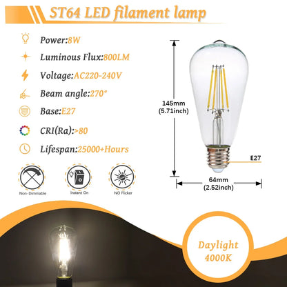 10 Lampadine LED E27 E14 B22 Stile Industriale Vintage, Retro Edison 8W 4W 6W 220V per Lampade a Filamento Incandescenti Edison