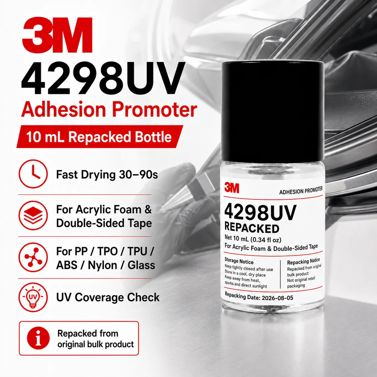 3M 4298UV Promotore di Adesione per Nastro Biadesivo in Schiuma Acrilica per Settore Automobilistico, Adesivo per Fissaggio di Rivestimenti in Plastica PP TPO EPDM ABS, 10ML