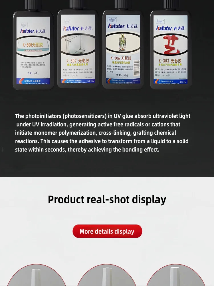 Adesivo UV Kafuter K-300 K-302 K-303 K-306, Colla Trasparente per Vetro, Acrilico e Cristallo, per Riparazioni Fai-da-Te, 50g