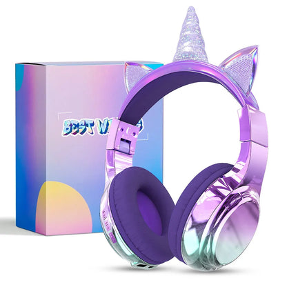 Cuffie wireless Unicorno per bambini Ragazze Auricolari Bluetooth Cuffie pieghevoli con orecchie di gatto per viaggi scolastici Cuffie per bambini