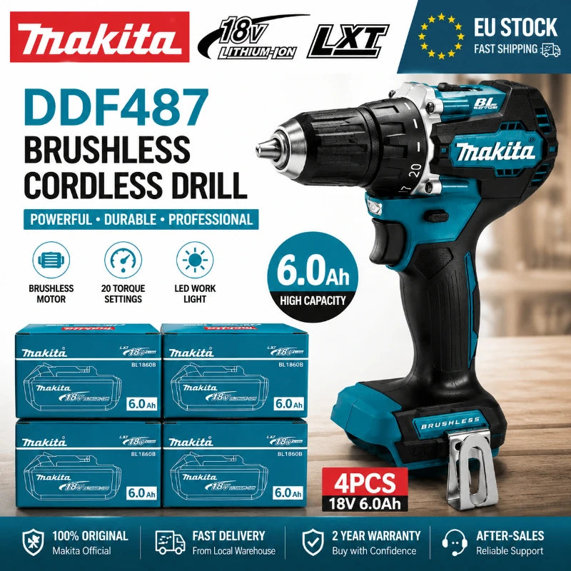 Trapano Avvitatore a Batteria Makita 18V DDF487 Brushless ad Alta Coppia + Batteria al Litio BL1860B BL1840 6.0Ah Kit Utensili Elettrici Spedizione Veloce da Magazzino EU