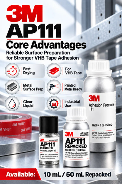 3M AP111 Promotore di Adesione, Primer per Nastro VHB ad Asciugatura Rapida, Preparazione Superficie per Metallo, Acciaio Verniciato e Zincato, Uso Automobilistico, 10ml 50ml