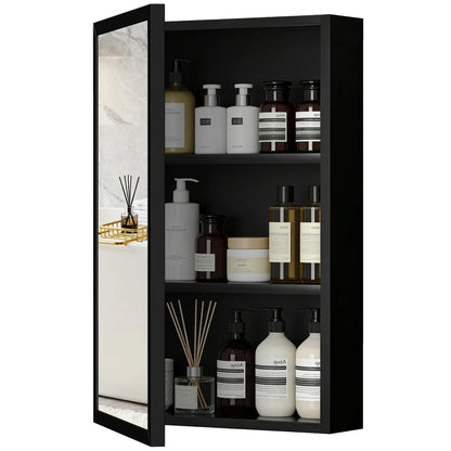 Armadietto Kleankin con specchio per bagno, armadietto a muro Ice Wall con 1 anta e 2 ripiani in acciaio 40x12x60 cm nero