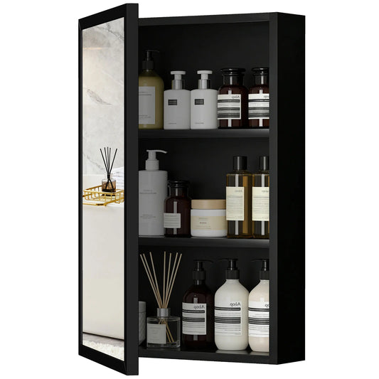 Armadietto Kleankin con specchio per bagno, armadietto a muro Ice Wall con 1 anta e 2 ripiani in acciaio 40x12x60 cm nero