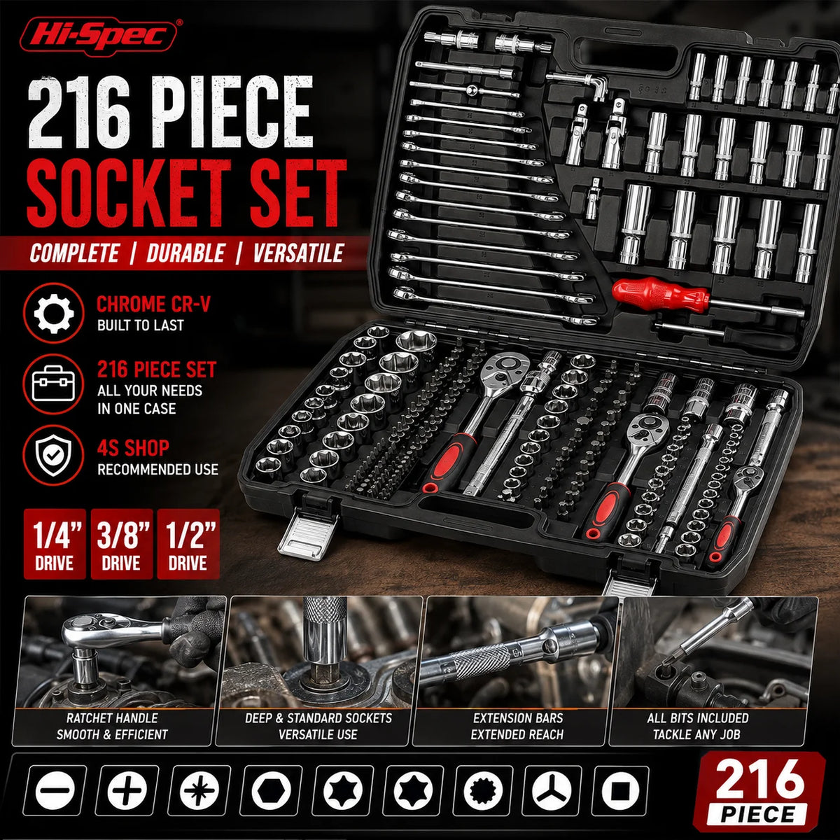 Set di Attrezzi Meccanici Hi-Spec 216 Pezzi, Kit Chiavi a Bussola da 1/4" 3/8" 1/2", Cassetta degli Attrezzi per Riparazione Auto