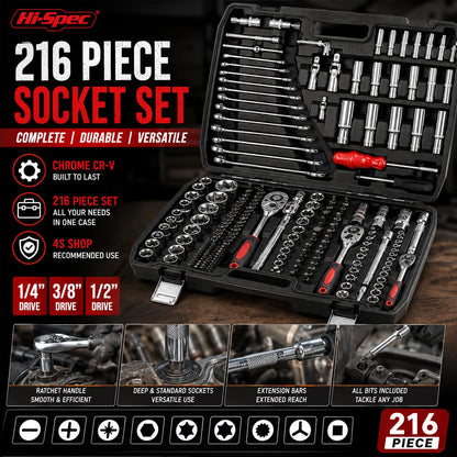 Set di Attrezzi Meccanici Hi-Spec 216 Pezzi, Kit Chiavi a Bussola da 1/4" 3/8" 1/2", Cassetta degli Attrezzi per Riparazione Auto