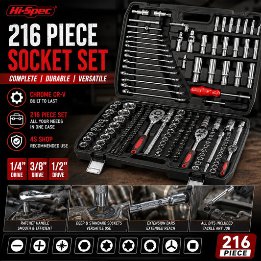 Set di Attrezzi Meccanici Hi-Spec 216 Pezzi, Kit Chiavi a Bussola da 1/4" 3/8" 1/2", Cassetta degli Attrezzi per Riparazione Auto