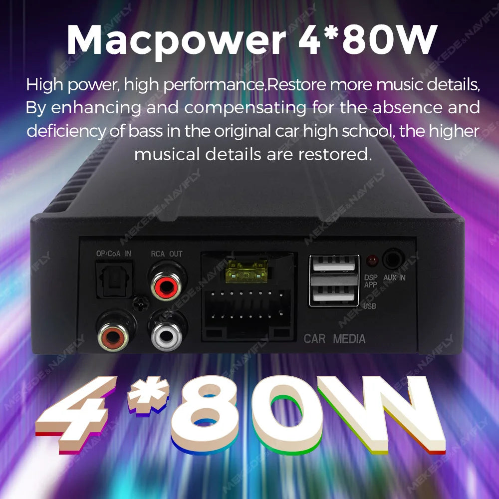 Amplificatore DSP per auto MEKEDE 4*80 W, compatibile con autoradio Android, regolazione EQ tramite app, plug-and-play, supporto fibra ottica/coassiale/AUX/RCA/USB