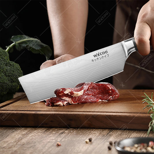 Coltelli da Cucina WXCOO, Set di Coltelli Giapponesi in Acciaio Damascato con Taglio Laser, Coltello Santoku, Mannaia per Carne, Coltello per Disossare e Tagliare Frutta per Cucinare