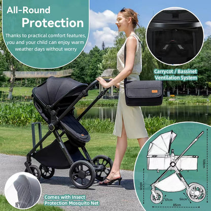 Passeggino per Neonati 3-in-1 di Lusso, Carrozzina da Viaggio Portatile con Telaio in Alluminio, Passeggino Pieghevole con Vista Panoramica