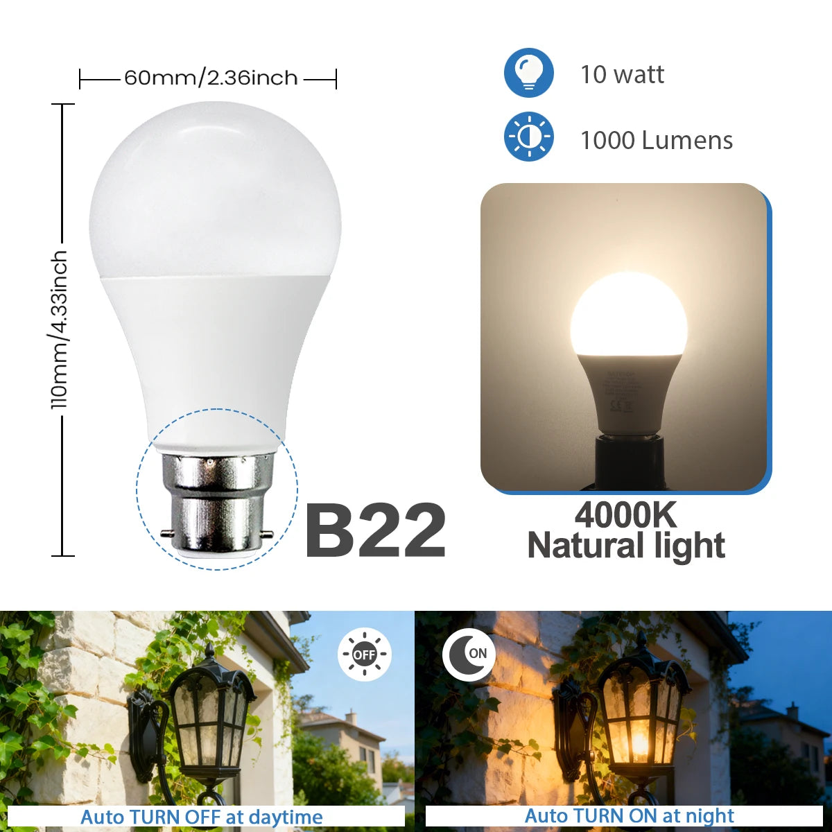 Confezione da 2 Lampadine LED Intelligenti con Sensore E27 B22, Luce Bianca dal Tramonto all'Alba, AC100-240V 1000LM 10W per Portico, Corridoio, Esterni, Garage