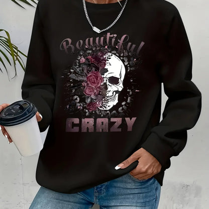 Felpa da donna con stampa a tema teschio, stile casual, design geometrico, maniche lunghe, scollo rotondo, lavabile in lavatrice, vestibilità regolare, ideale per l’autunno.