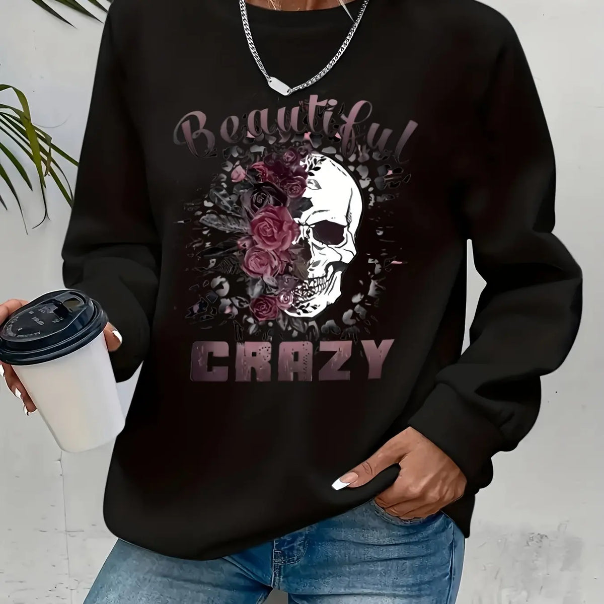 Felpa da donna con stampa a tema teschio, stile casual, design geometrico, maniche lunghe, scollo rotondo, lavabile in lavatrice, vestibilità regolare, ideale per l’autunno.