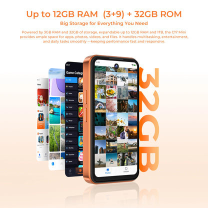 OUKITEL C17 mini, smartphone compatto, fino a 12 GB di RAM (3+9) + 32 GB di ROM, telefono tascabile ultra compatto, display mini da 4 pollici, batteria da 2300 mAh, tecnologia Gemini AI, smartphone Android sbloccato.