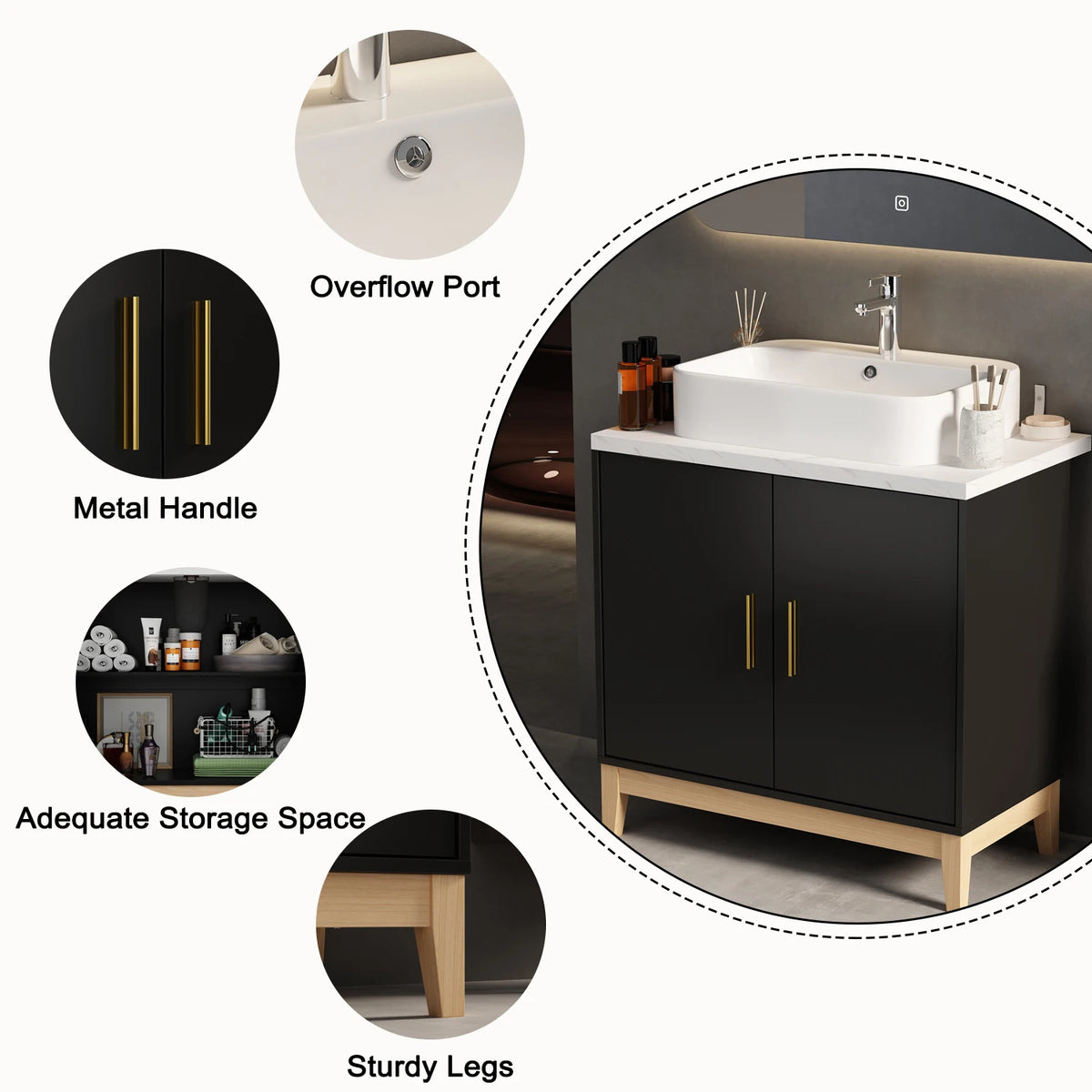 Mobile da bagno moderno con lavabo e 2 ante portaoggetti, mobile lavabo con porta troppopieno e maniglie in metallo, nero