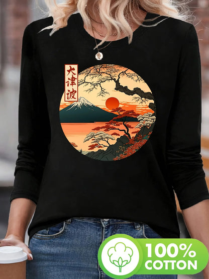 T-shirt girocollo stampata con motivo Torre Eiffel Parigi a maniche lunghe comoda moda primavera e autunno 100% cotone da donna
