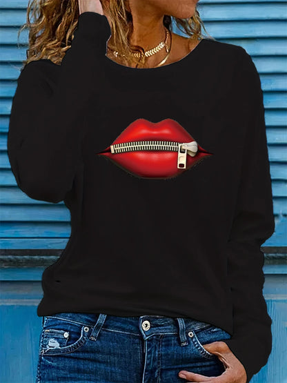 T-shirt da donna in 100% puro cotone, ideale per la primavera e l'autunno, dal taglio ampio e casual, con stampa a forma di labbra, cerniera, stampa grafica e maniche lunghe, scollo rotondo.