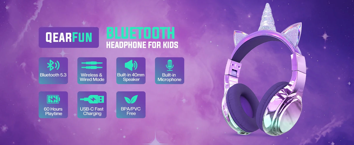 Cuffie wireless Unicorno per bambini Ragazze Auricolari Bluetooth Cuffie pieghevoli con orecchie di gatto per viaggi scolastici Cuffie per bambini