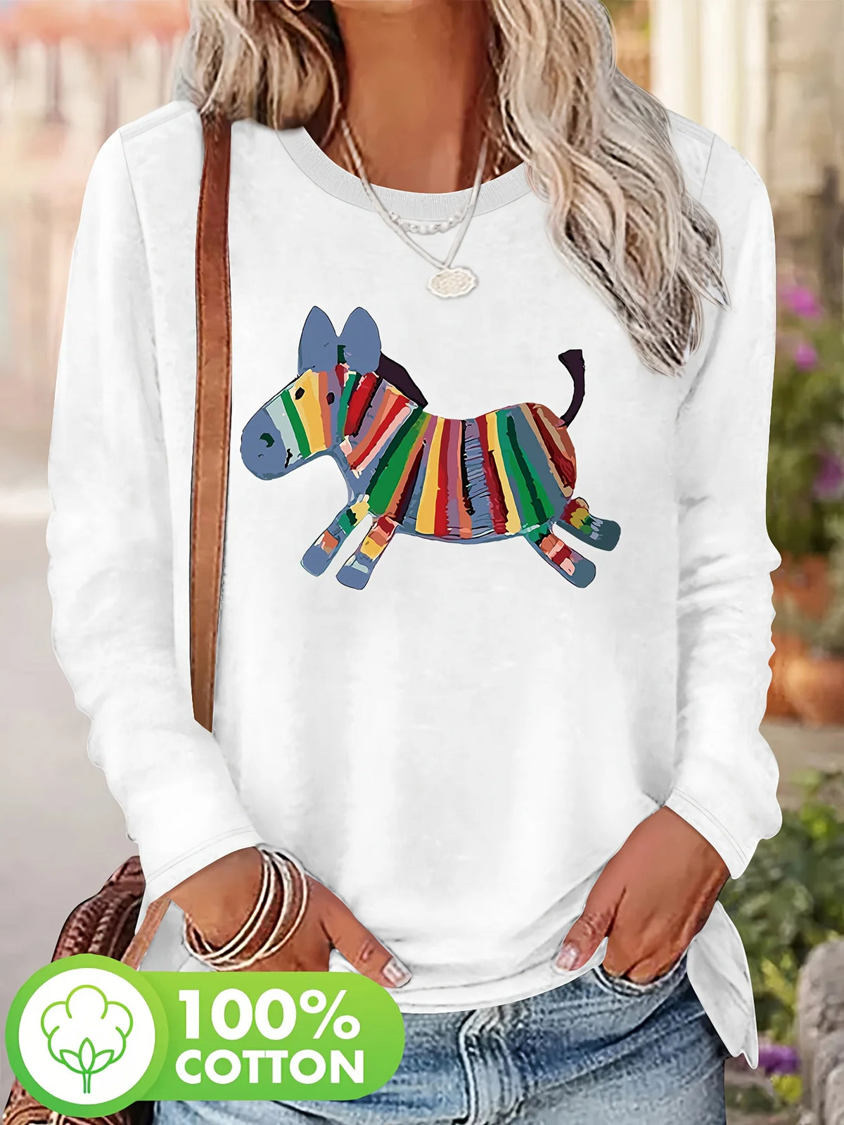 T-shirt girocollo stampata con motivo Torre Eiffel Parigi a maniche lunghe comoda moda primavera e autunno 100% cotone da donna