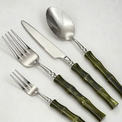 Set di Posate in Resina Stile Bambù, Acciaio Inossidabile 304, Posate Classiche, Opzioni da 1/3/4 Pezzi per Casa e Cucina