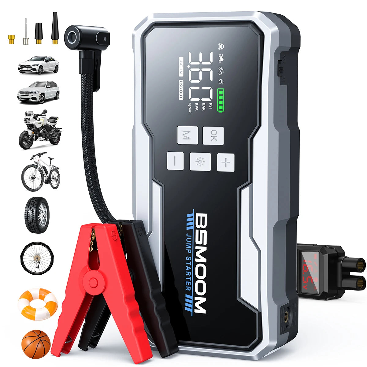 Avviatore di Emergenza Portatile per Auto 1500A, Compressore d'Aria 150PSI 26800mAh/21800mAh, Power Bank con Pompa d'Aria per Gonfiaggio Pneumatici, Avviatore di Emergenza per Auto, Avvia Rapidamente l'Auto, Ingresso/Uscita U