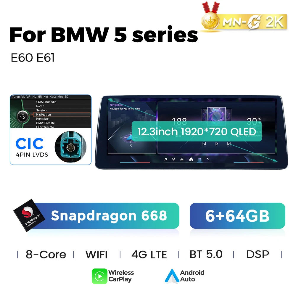 Mekede 10.25/12.3 pollici QLED Android 14 Snapdragon 128GB ROM CarPlay Wireless Auto Multimedia per BMW Serie 5 E60 E61 E62 E63 E64 Sistema CCC CIC Navigazione GPS Doppio BT 4G WiFi DSP