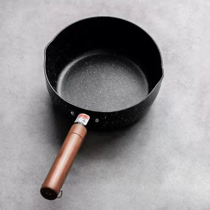 Pentola per il latte antiaderente Manico in legno Pentola per zuppa universale in stile giapponese con coperchio e beccuccio versatore Pentola per alimenti per bambini