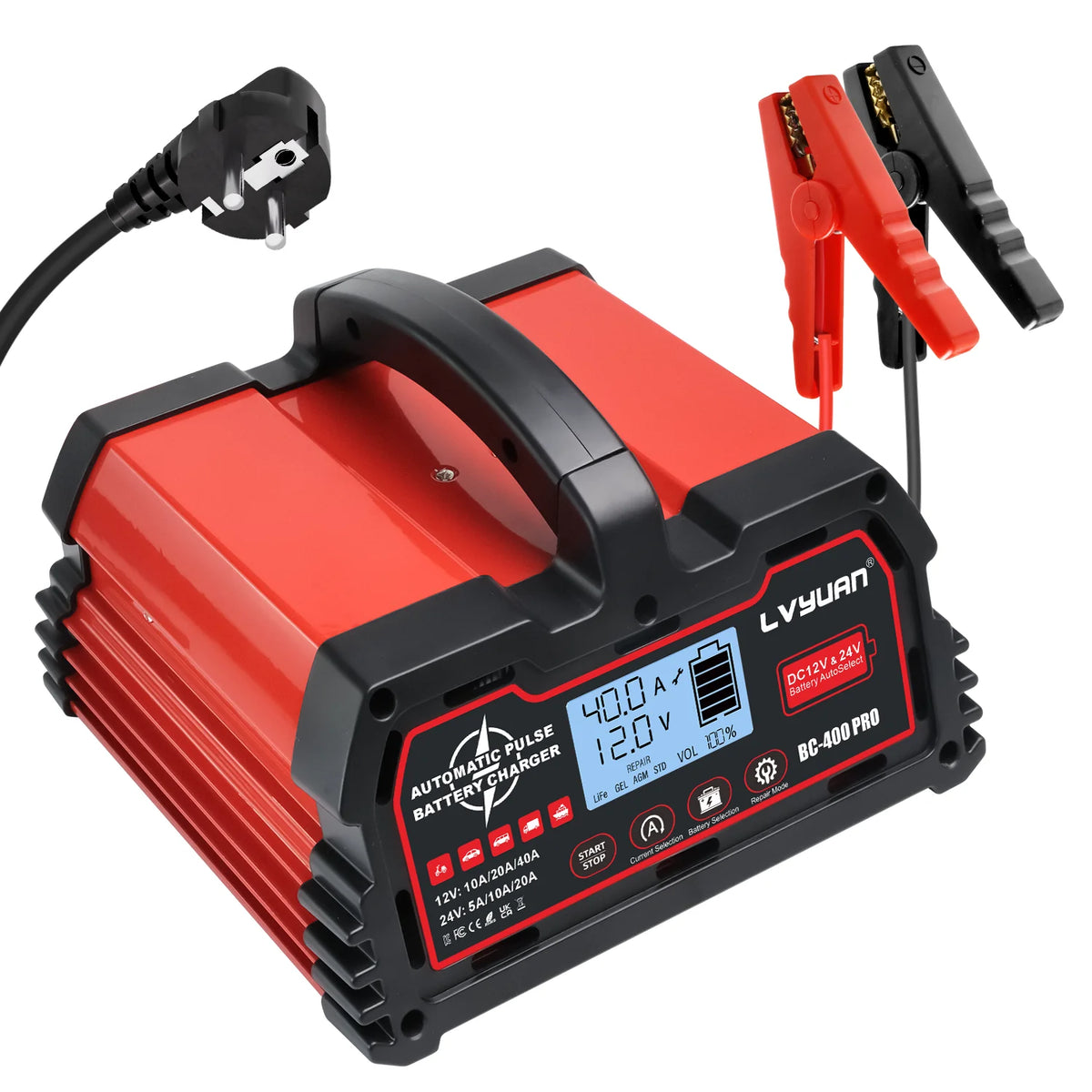 Caricabatterie LVYUAN 20A/25A/30A/40A per Batterie al Piombo-Acido 12V/24V/LiFePO4/AGM/STD/Gel/EFB con Funzione di Riparazione a Impulsi