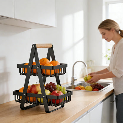 Cestino portafrutta e verdura a 2 e 3 livelli con manico in legno, ciotola multifunzionale in metallo per frutta e verdura, supporto per pane e snack, scaffale organizzatore per prodotti alimentari, espositore per alimenti da
