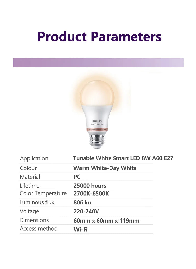 Philips LED Wi-Fi bianco sintonizzabile 8W A60 E27 Lampadina intelligente 220-240V Controllo app WiZ Lampada dimmerabile EyeComfort di colore bianco caldo per freddo