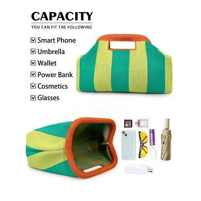 Nuova borsa intrecciata traforata a righe, borsa a mano in maglia, versatile borsa portatile per cosmetici