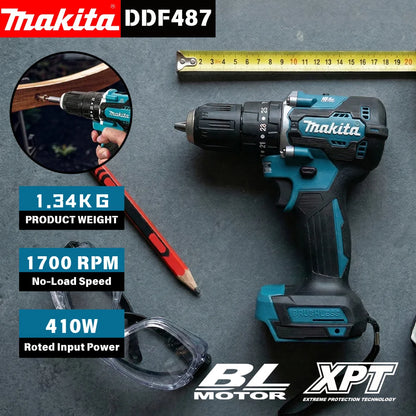 Trapano Avvitatore a Batteria Makita Originale DDF487 18V Brushless, 2 Velocità, Mandrino Autoserrante da 10mm per Fai-da-Te e Ristrutturazioni