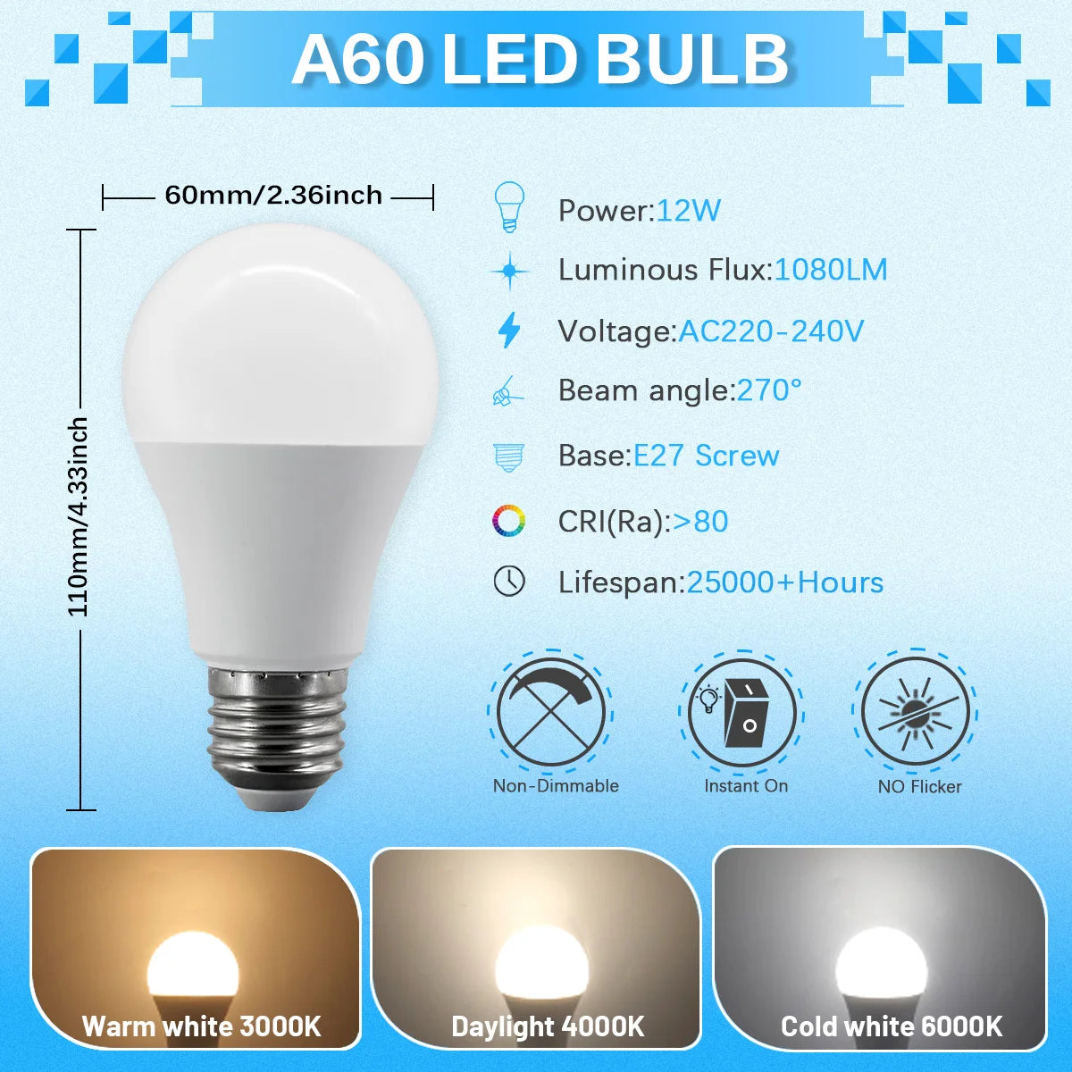 Confezione da 6/8/10 Lampadine LED E27 AC 220V 230V, 90LM/W CRI90 3W-24W, Illuminazione Bianca Calda/Fredda 3000K/4000K/6000K per Uso Domestico