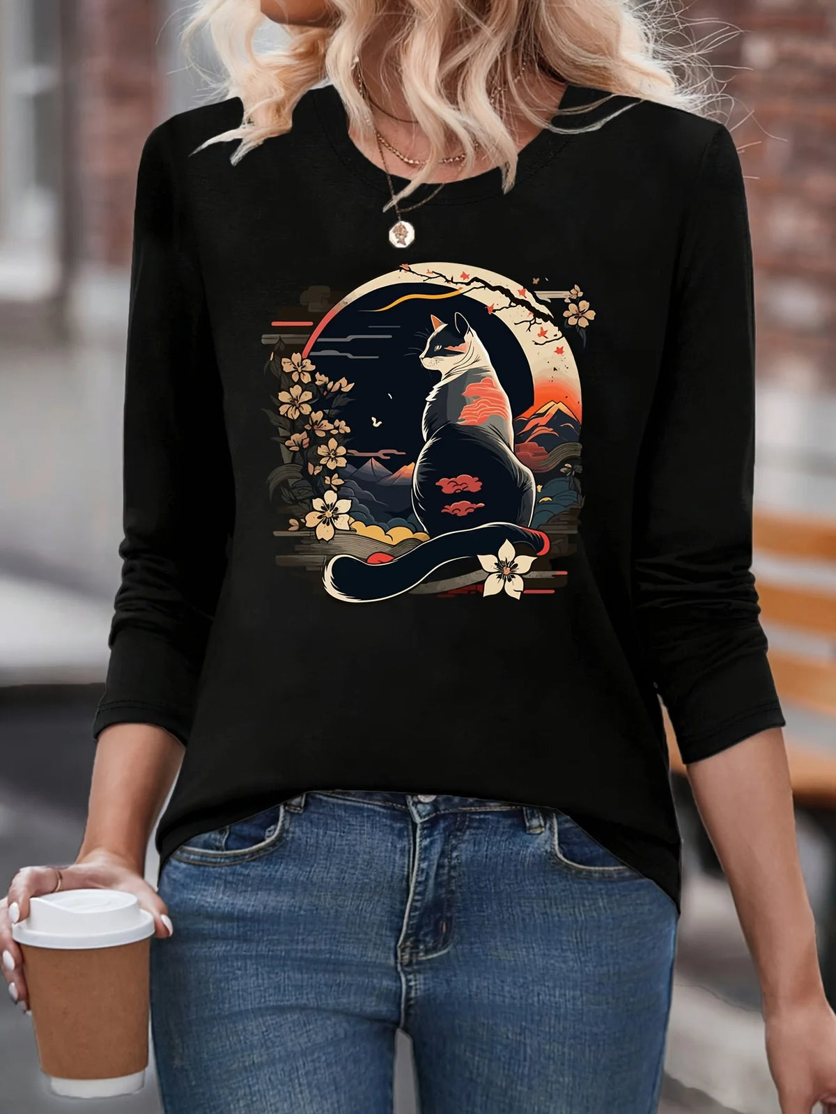 T-shirt girocollo stampata con motivo Torre Eiffel Parigi a maniche lunghe comoda moda primavera e autunno 100% cotone da donna