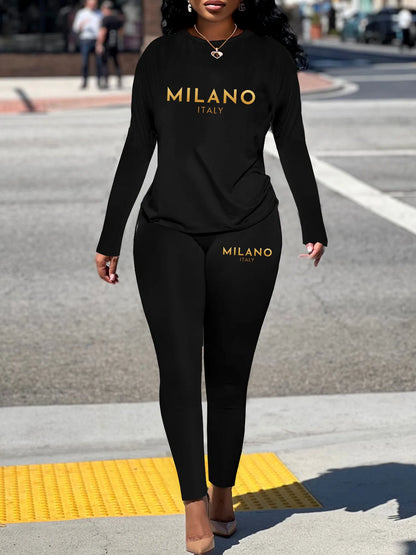 Completo sportivo da donna, T-shirt a maniche lunghe con stampa MILANO taglie forti Top e pantaloni comodi elasticizzati medi Completo fitness