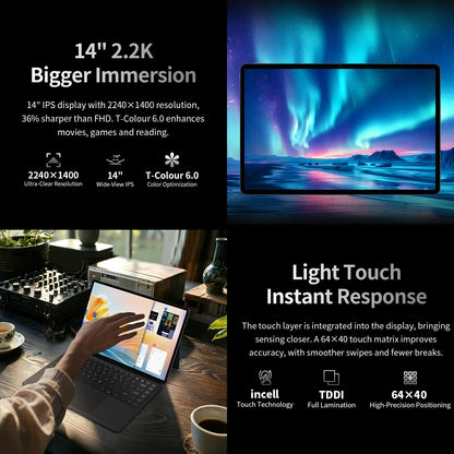 Tablet Teclast T70 Pro con Android 16 e tecnologia Gemini AI, display IPS da 14 pollici, T70Pro, doppia SIM 4G LTE, WiFi 2,4 GHz/5 GHz, Bluetooth 5.2, navigazione GPS, processore G100 Octa Core, 8 GB di RAM, 128 GB di memoria