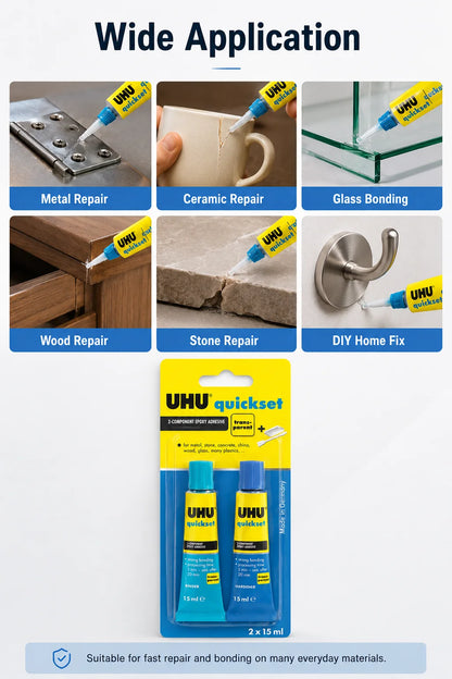 Adesivo Epossidico UHU Quickset 30ml Trasparente Colla Bicomponente AB ad Asciugatura Rapida per Riparazioni di Metallo, Ceramica, Vetro e Plastica