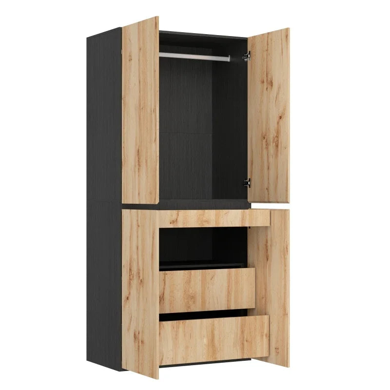 Armadio moderno 90x200 cm con cassetto per gioielli, 4 ante, 1 binario, 3 cassetti, finitura in rovere/bianco, armadio alto per camera da letto, corridoio, ufficio, mobile contenitore in MDF