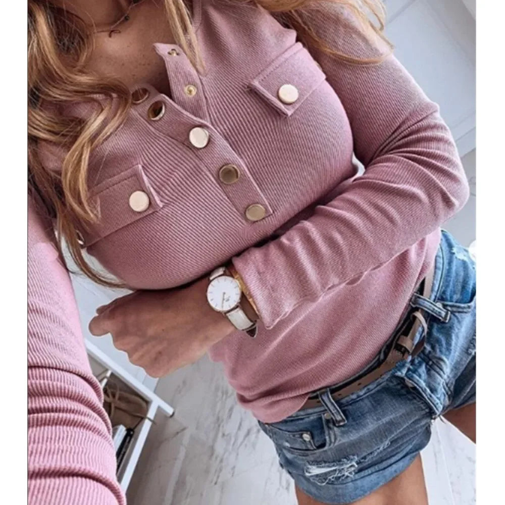 Maglia a maniche lunghe da donna per l'autunno, top alla moda con scollo semi rotondo e bottoni, tinta unita, casual, versatile, ideale come capo base.