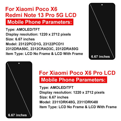 Display OLED per Xiaomi Poco X6, schermo LCD con digitalizzatore touch per Redmi Note 13 Pro 5G, modello 23122PCD1G, assemblaggio per Poco X6 Pro, display LCD K70E.