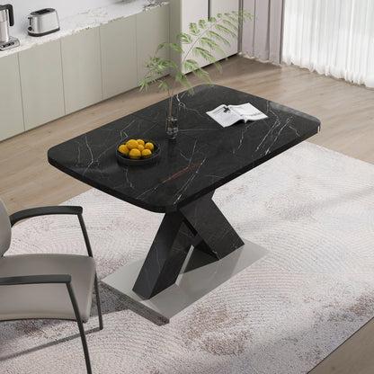 Tavolo da pranzo rettangolare moderno da 120 cm-160 cm, piano da tavolo in marmo nero stampato estensibile + gamba da tavolo a forma di X in MDF con base in metallo