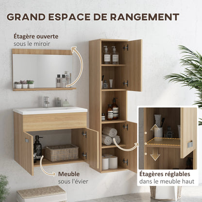 Set da bagno 4 pezzi con mobiletto alto, specchio, lavabo e lavello a parete, finitura naturale