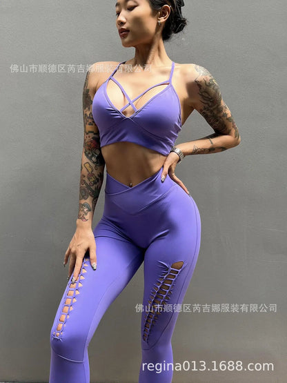 Reggiseno sportivo leggero a V profonda e sexy, pantaloni yoga a vita alta modellanti e scollati da donna