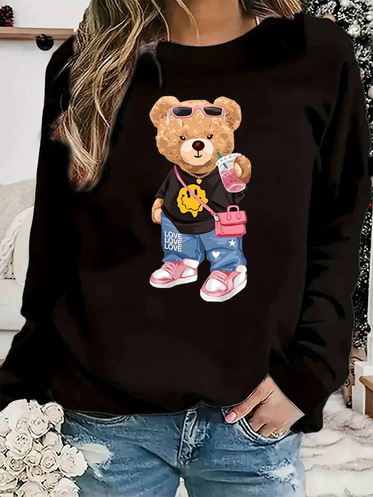 Maglione da donna, modello casual per l’autunno e l’inverno, ampio e comodo, caldo, con stampa a tema cartone animato, scollo rotondo e maniche lunghe.