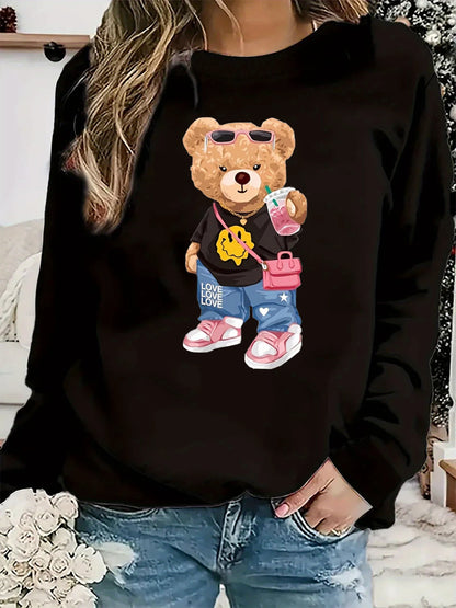 Maglione da donna, modello casual per l’autunno e l’inverno, ampio e comodo, caldo, con stampa a tema cartone animato, scollo rotondo e maniche lunghe.