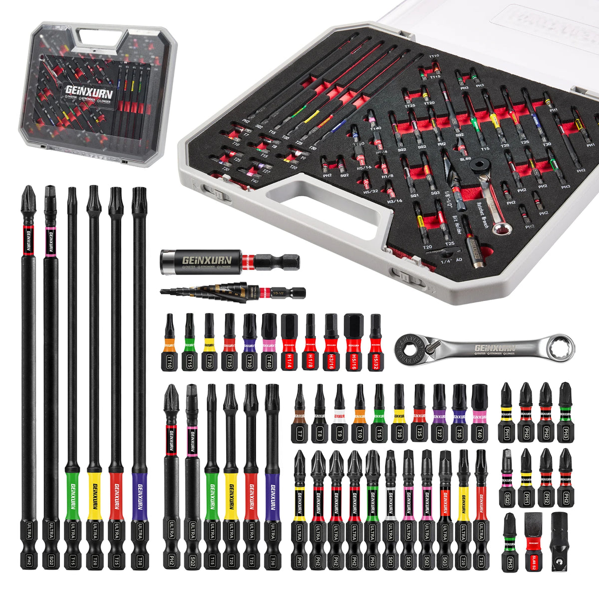 Geinxurn Set di strumenti da 58 pezzi confezionato con punte per cacciavite a percussione, mini Wrech, trapano a gradini, adattatore per presa e portapunte per fai da te