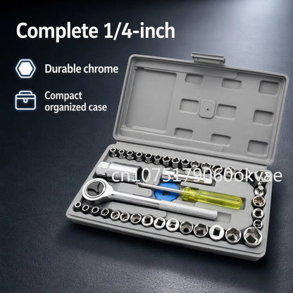 Set di Chiavi a Bussola da 1/4 di Pollice, 40 Pezzi, Kit con Cricchetto, Set Professionale per Riparazione Auto, Kit di Manutenzione Domestica