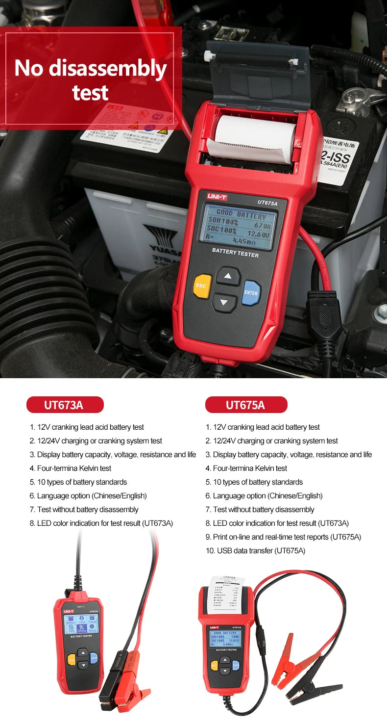 UNI-T UT673A UT675A Tester per batteria automobilistica controllore digitale con stampante Tester di carico per batteria per auto professionale 12V 24V