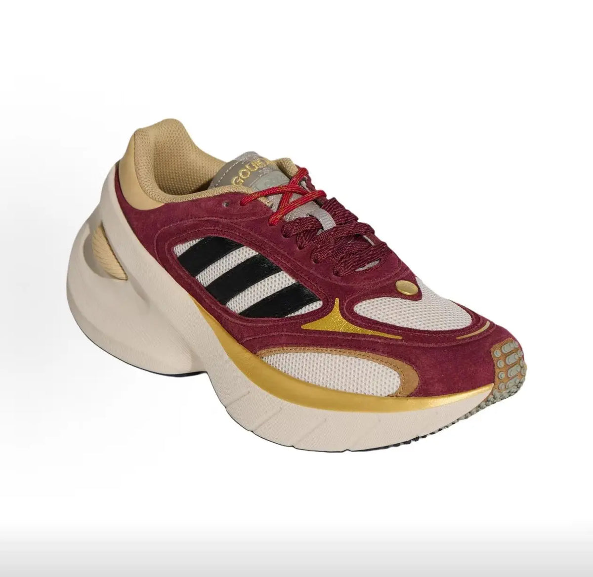 Scarpe sportive da corsa casual Adidas, modello «dad shoes» con suola spessa, in rosso vino e oro, stile retrò, che slanciano la figura, KI7013.
