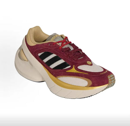 Scarpe sportive da corsa casual Adidas, modello «dad shoes» con suola spessa, in rosso vino e oro, stile retrò, che slanciano la figura, KI7013.